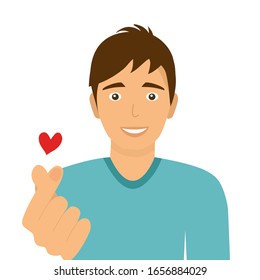 Un hombre con un mensaje de gesto de mano de amor. Doble la mano en símbolo del corazón. Ilustración vectorial del diseño del corazón del símbolo coreano sobre fondo blanco.