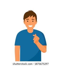 A man with message of love hand gesture. Hand fold into heart symbol. Korean symbol finger heart design vector illustration on white background.