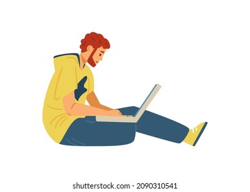 Man messaging in chat or following updates of news on Internet, flat vector illustration isolated on white background. Young man using laptop for online connection.