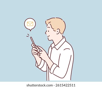 Man Messaging With Phone. Hand drawn style vector design illustrations.