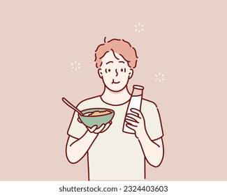 man with messy hair, holds bowl of cereals and bottle with milk. Hand drawn style vector design illustrations.