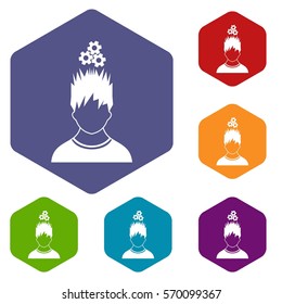 Man with metal gears over head icons set rhombus in different colors isolated on white background