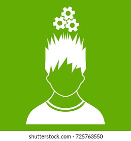 Man with metal gears over head icon white isolated on green background. Vector illustration