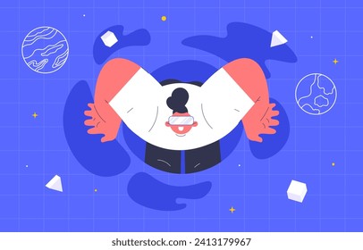 Hombre en concepto de metáfora. Joven con vasos vr. Realidad virtual y ciberespacio. Tecnologías e innovaciones modernas. Juego de caracteres. Afiche o pancarta. Dibujo vectorial plano de dibujos animados