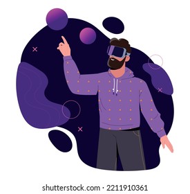 Man in metaverse. Young guy in vr glasses on background of neon abstract figures. Futuristic poster or banner for website. Gadgets and devices, innovation and future. Cartoon flat vector illustration