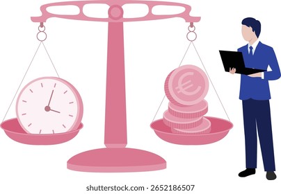 The man is meticulously calculating the value of time against money, contemplating its significance in decisions and priorities