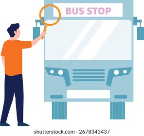A man meticulously inspects a bus using a magnifying glass, focusing intently on details.