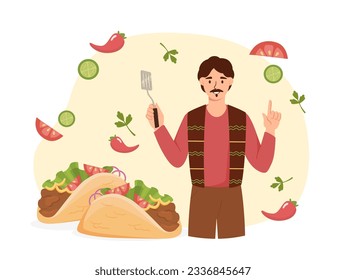 Hombre con el concepto de comida mexicana. Joven con espátula cerca del burrito o el taco. Productos de harina con verduras y carne, comida tradicional mexicana y cocina. Dibujo vectorial plano de dibujos animados