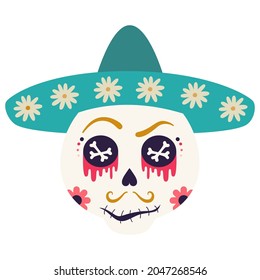 Man in a mexican hat. Sugar skull, Sugar Head, Skull Face, Cartoon Skeleton, Dead Head and Human Skulls. Mexico. Dead head and human skulls. Halloween, Day of the Dead illustration. Flat hand drawn