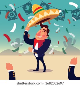 man with mexican mariachi suit and hat vector illustration design