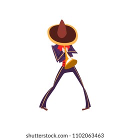 Man in Mexican national costume playing trumpet, Dia de Muertos, Day of the Dead vector Illustration on a white background