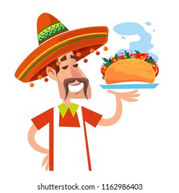 A man in the Mexican sombrero. A cook is holding a tray with food. Hot taco sandwich. In the cartoon flat style. Vector illustration. White background. 