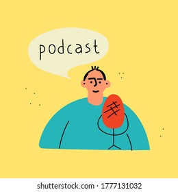 Hombre con el micrófono, concepto de podcast. Ilustración vectorial sobre fondo amarillo.