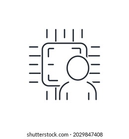 A man with a microchip. Personal data about a person in electronic form. Vector linear icon isolated on white background.