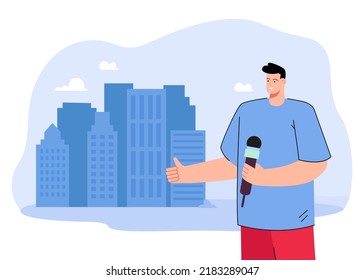 Hombre con micrófono en el fondo del centro de la ciudad, reportaje de grabación periodística fuera de la ilustración vectorial plana. Concepto de ocupación para banner, diseño de sitio web o página web de aterrizaje