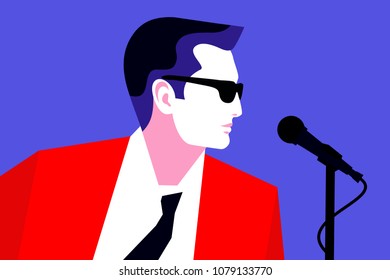 Man with microphone. Businessman as speaker. Vector illustration
