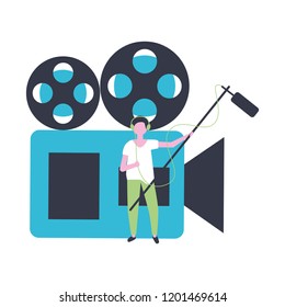 man with microphone and camera projector production movie film