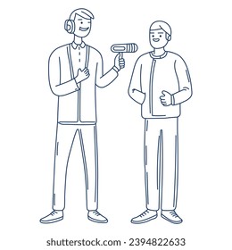 un hombre con micrófono y auriculares recibe una entrevista. Ilustración vectorial en el arte de doodle de línea azul, de estilo plano.