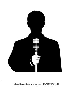 man with a microphone in his hand on a white background