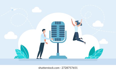 Ein Mann mit einem Mikrofon. Live-Streaming-Kanal Podcasting und Rundfunk Medien. Zwei Freunde senden Online-Podcasts mit fröhlichem und unterhaltsamem Ausdruck. Vektorgrafik