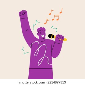 Hombre con micrófono cantando en karaoke. Ilustración vectorial colorida
