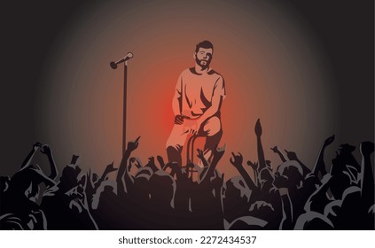 A man with a microphone tells jokes. Vector drawing of a stand-up comedian. Performance in the auditorium. Concept for a nightclub.
