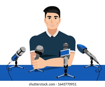 Hombre con micrófonos sobre la mesa da una entrevista, orador en conferencia. Periodista de televisión liderando un debate en estudio de radio grabado. Ilustración del vector