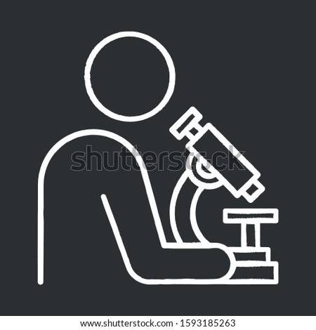 Man with microscope chalk icon. Scientist, doctor at work. Organic chemistry. Laboratory research. Conducting biological experiments. Medical analysis. Isolated vector chalkboard illustration