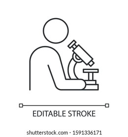 Man With Microscope Linear Icon. Scientist At Work. Organic Chemistry. Laboratory Research, Experiments. Thin Line Illustration. Contour Symbol. Vector Isolated Outline Drawing. Editable Stroke