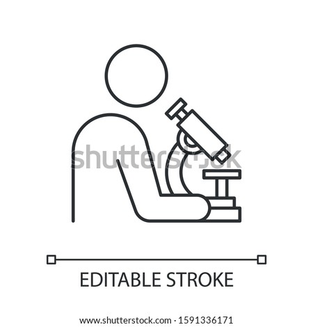 Man with microscope linear icon. Scientist at work. Organic chemistry. Laboratory research, experiments. Thin line illustration. Contour symbol. Vector isolated outline drawing. Editable stroke