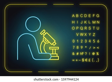 Man with microscope neon light icon. Scientist at work. Organic chemistry. Laboratory research. Conducting experiments. Glowing sign with alphabet, numbers and symbols. Vector isolated illustration