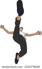 Man in mid air leap showcasing flexibility, agility, and athleticism. The low angle, looking up from below, accentuates the dramatic movement of the high kick and creates energy and motion.