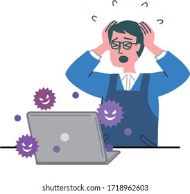 man middle age laptop computer virus bug