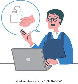 man middle age laptop computer wash hand sanitizer