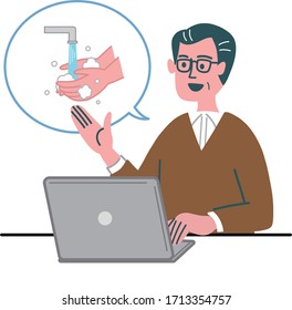 man middle age laptop pc wash hand sanitizer