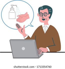 man middle age laptop pc wash hand sanitizer