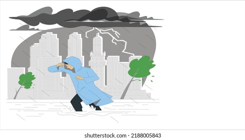 Man in the middle of a rainstorm. under storm on the rooftop of a skyscraper watching the city horizon. Natural disasters, severe weather conditions hurricane, rain. Swirling tornado, rainstorm.