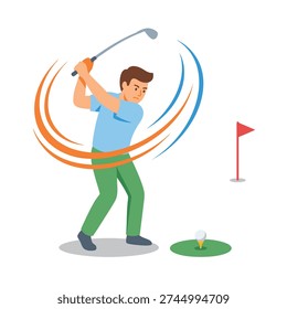 A man in mid-swing with a golf club, preparing to hit a golf ball on a tee near a flag on a golf course.