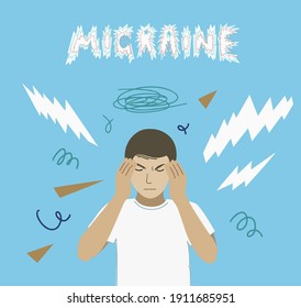 Man With Migraine Headache And Aura. Vector Illustration