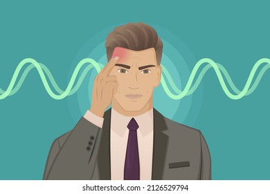 Man with migraine headache holding his head vector illustration. Visualisation of red spot pain location. Havana syndrome and negative effect of spreading microwaves.