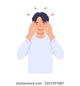 Hombre con migraña sosteniendo la cabeza. moderno estilo de moda. Ilustración de carácter vector dibujada a mano. Aislado sobre fondo blanco.