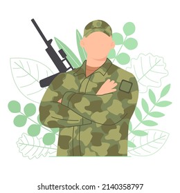 Man in military clothes on a background of green leaves with a weapon. Young man in an army soldier's suit. Vector illustration