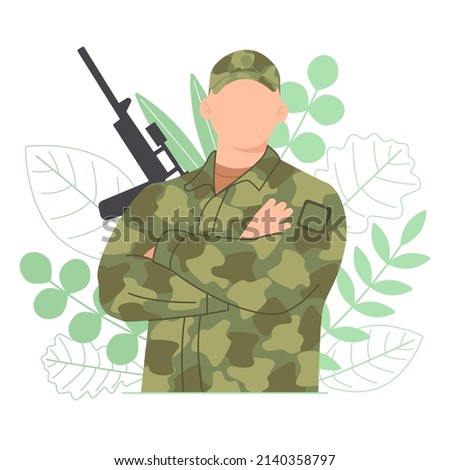 Man in military clothes on a background of green leaves with a weapon. Young man in an army soldier's suit. Vector illustration