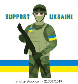 Man in military clothes. Ukraine soldier. Pray to Ukraine. No war. Save Ukraine. Together with Ukraine. Vector illustration, flat design. 