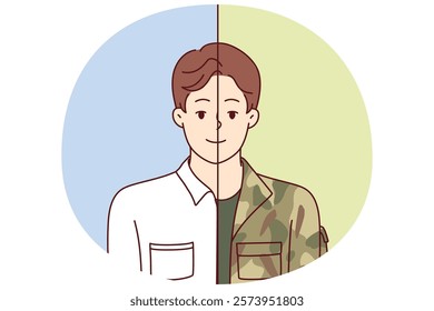 Man in military and office clothes simultaneously symbolizes dismissal from army and beginning of civilian career. Guy is former military man who became manager or opened own business