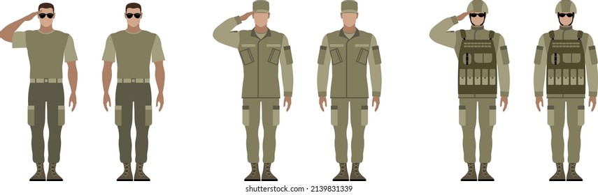 Hombre con uniforme militar. Ilustración vectorial plana de un saludo de soldado.