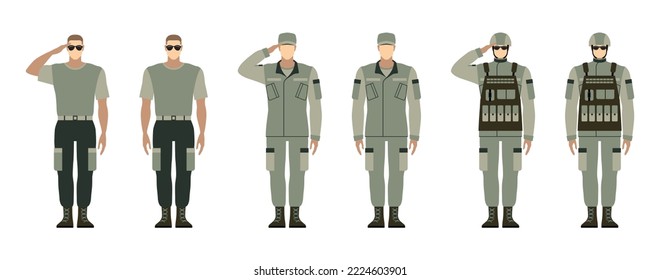 Man in military uniform. Flat vector illustration of a soldier salute.