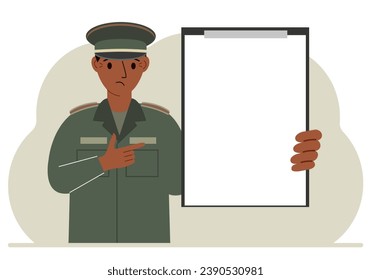 A man in a military uniform is holding a large clipboard with plenty of space for text. Vector