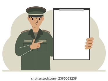 A man in a military uniform is holding a large clipboard with plenty of space for text. Vector