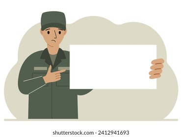 A man in a military uniform is holding a large white sheet of paper that could be a place for text. Vector